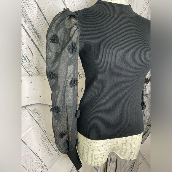 By Clara Paris Ribbed Mock Turtleneck Sweater Sheer Puffed Sleeves S/M - Picture 3 of 4